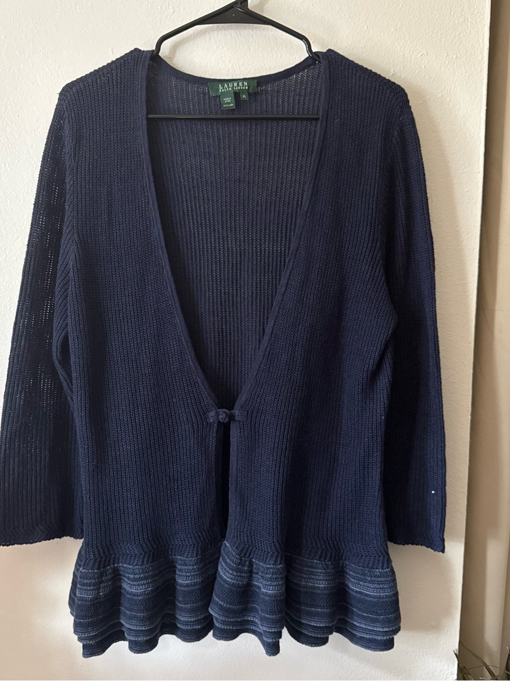 Lauren Ralph Lauren Navy Open-Front Knit Cardigan with Ruffle Hem